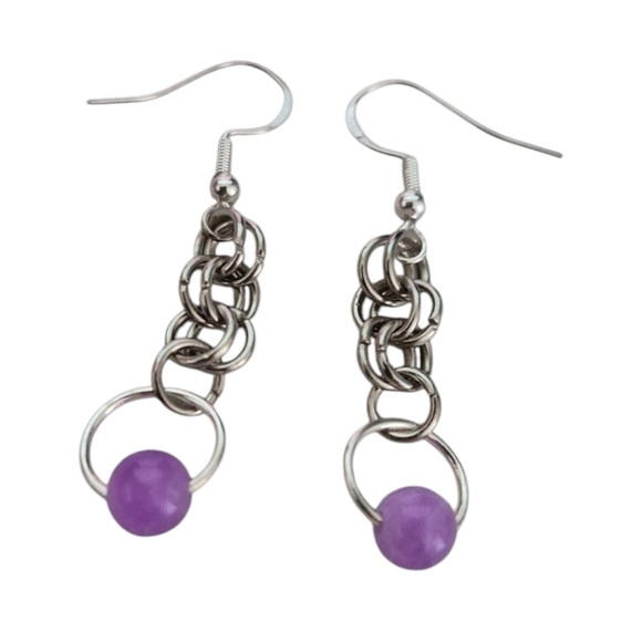 Handcrafted Unique Chainmaille Dangle Earrings w/ Morganite - Picture 2 of 2